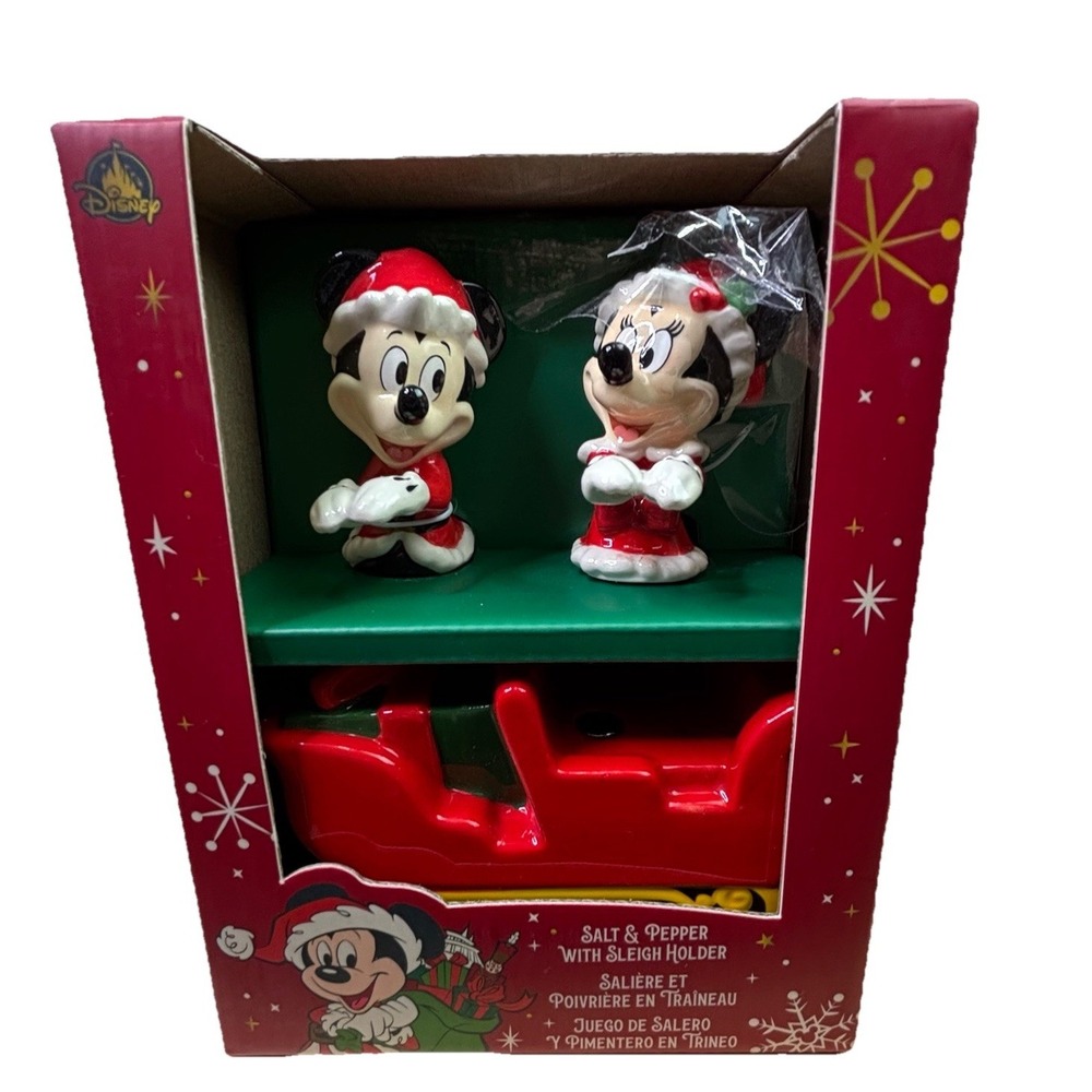 Disney Parks 2025 Christmas Mickey & Minie Salt And Pepper With Sleigh Holder